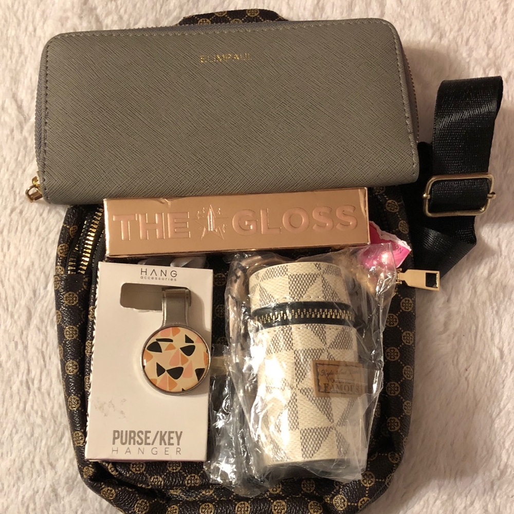 5 Piece Bundle Crossbody, Wallet, Purse Charm, Lip Gloss, Purse Hanger